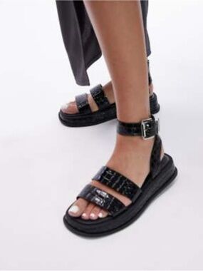 Topshop Black Croc-Embossed Platform Ankle Strap Sandals